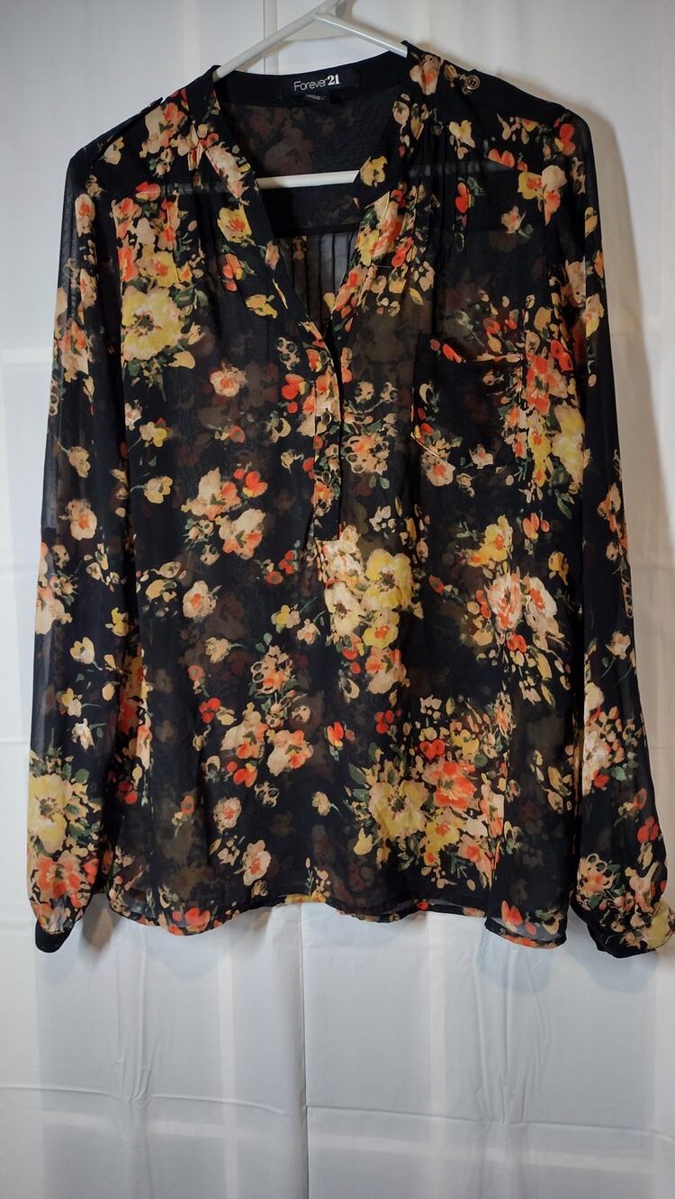 Forever 21 Medium Black Orange Floral Blouse Sheer Whimsigoth Boho Indie Fall